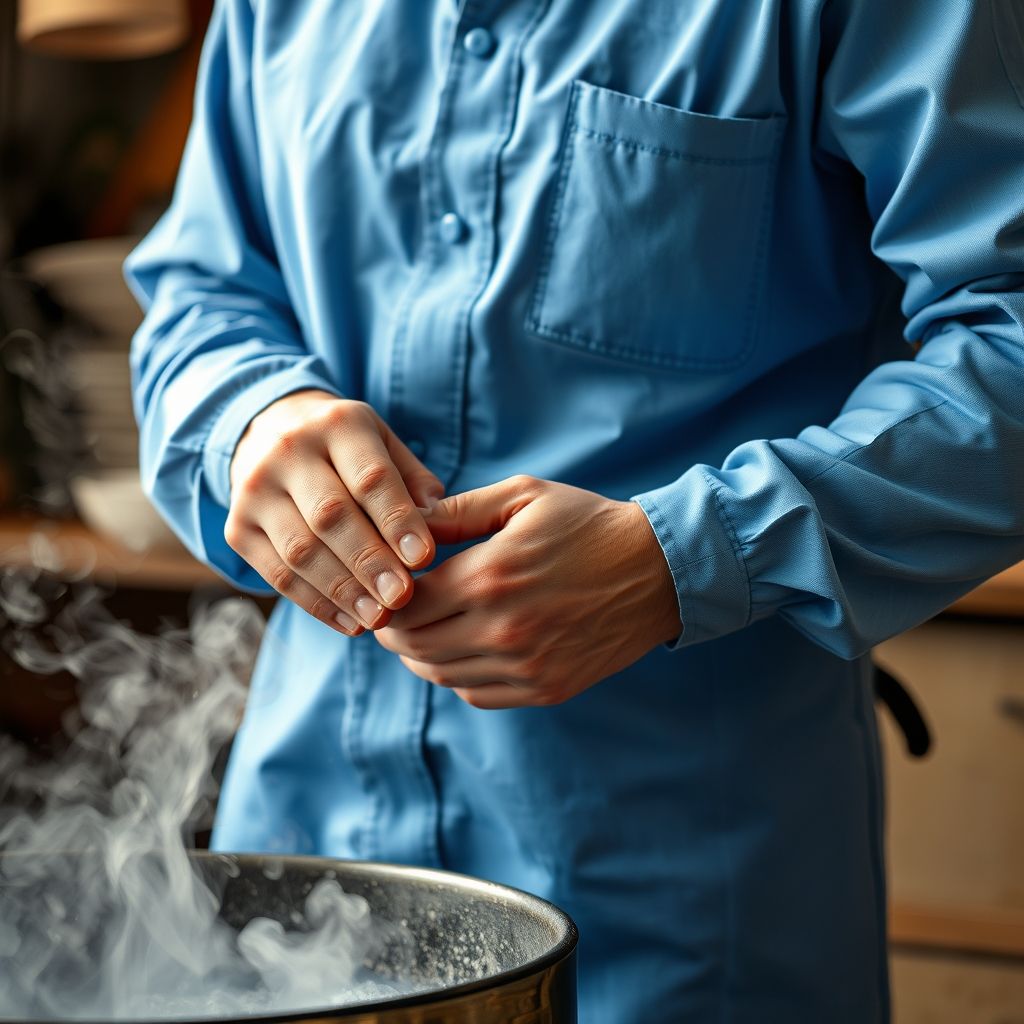 Une main tient la poignée d'un fer à repasser à vapeur traditionnel, pressant soigneusement une chemise à carreaux bleu, le tissu lisse brillant sous la vapeur. Le cadre évoque un atelier professionnel où la minutie est de rigueur. La personne porte un uniforme bleu clair, renforçant le sérieux et le savoir-faire artisanal.
