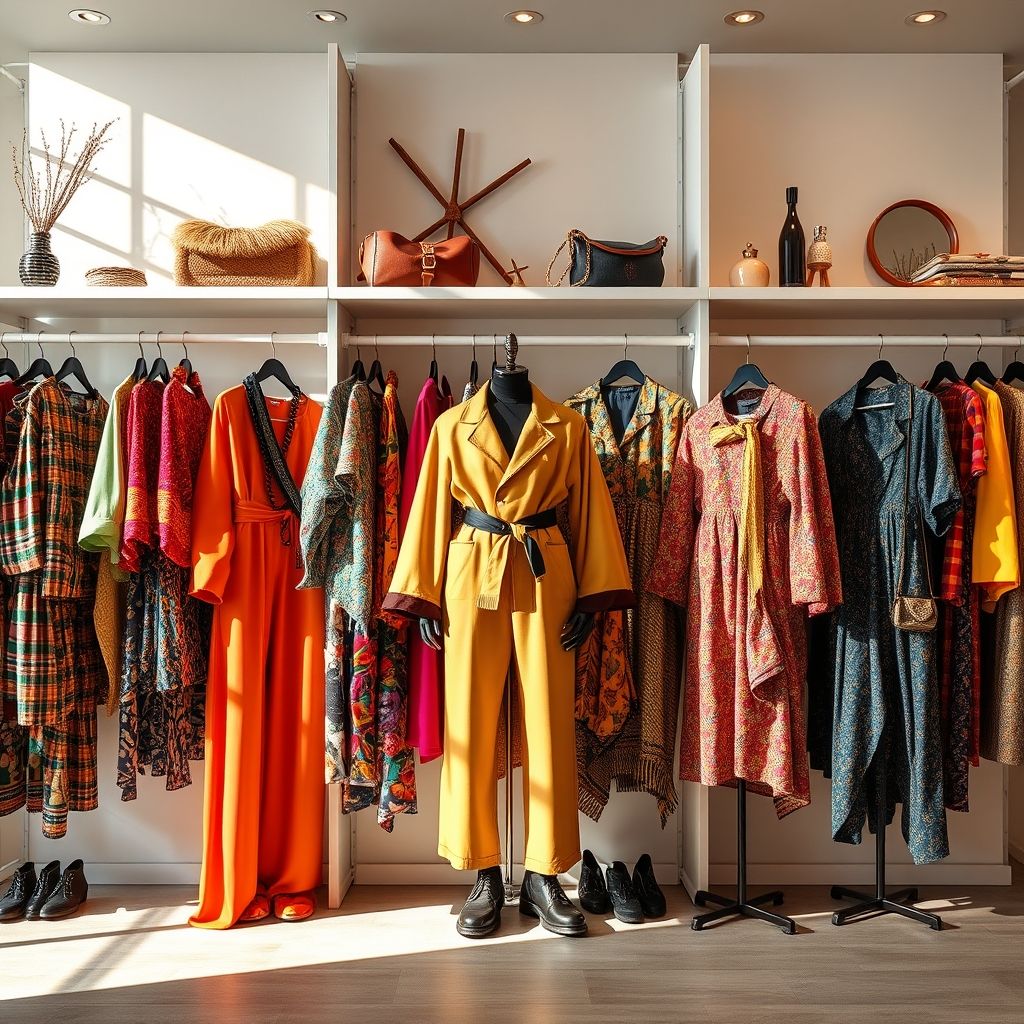 Une présentation organisée de vêtements et accessoires colorés et stylés, reflétant la diversité et la créativité des collections Gevelonsolt.