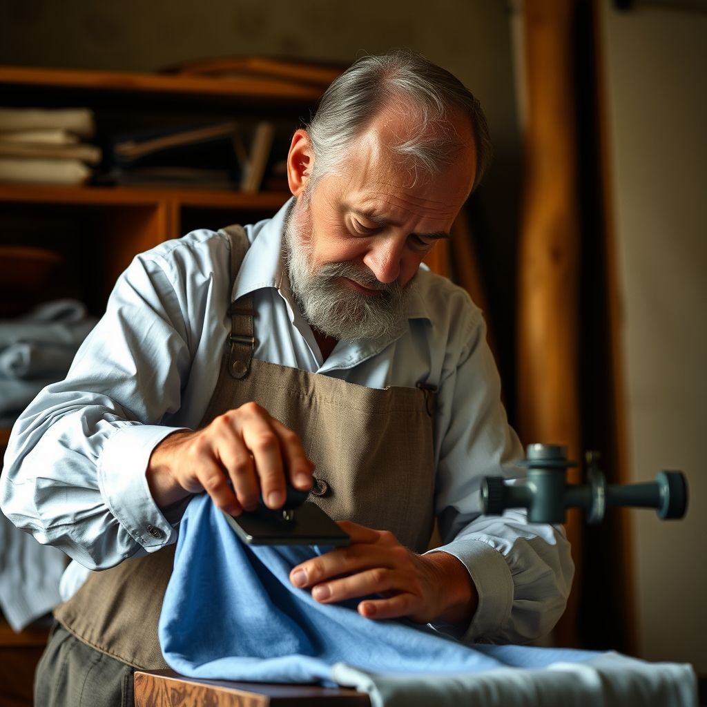 Une main saisit la poignée d'un fer à repasser traditionnel à vapeur, pressant soigneusement une chemise bleu à carreaux, soulignant un savoir-faire artisanal et un soin méticuleux dans la confection et l'entretien des vêtements.