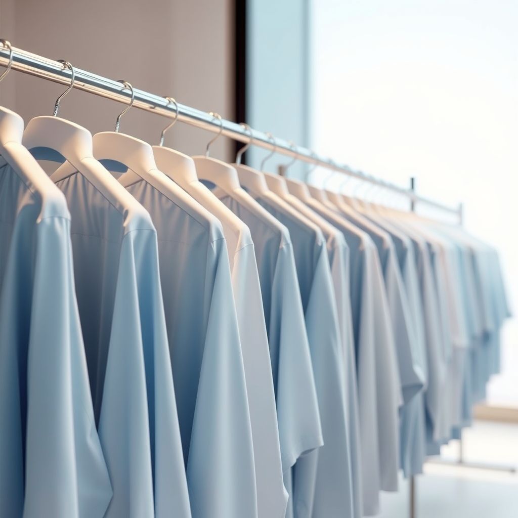 Des chemises parfaitement repassées, suspendues en rangs sur un portant métallique, protégées par des housses transparentes. Les tons varient du bleu clair aux pastels, présentant une présentation soignée et luxueuse, typique d'une collection haut de gamme.