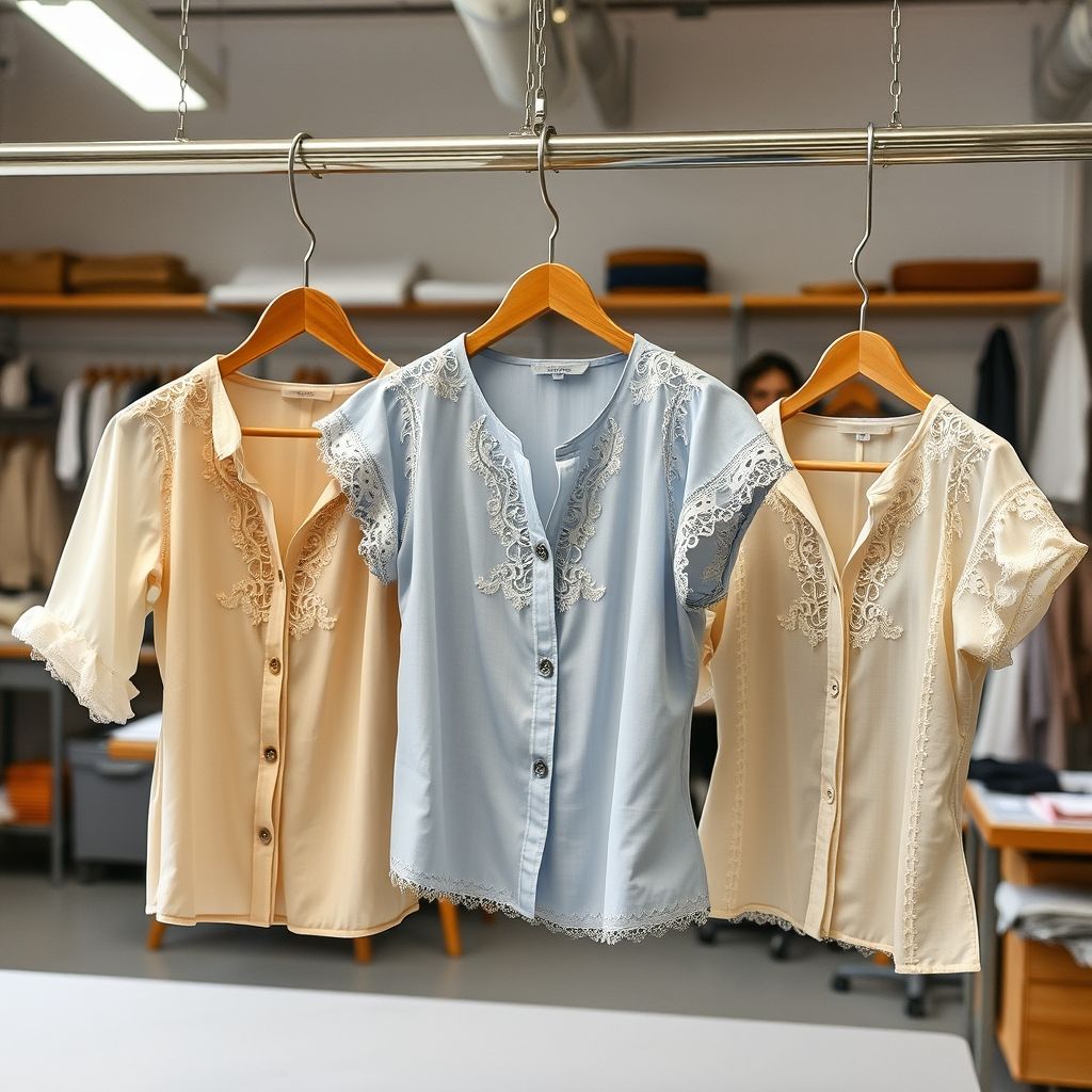 Une élégante collection de chemises parfaitement repassées suspendues sur un portant métallique, affichant un éventail de couleurs allant des pastels doux aux tons plus profonds comme le bleu et le beige. Chaque chemise présente un col net, dont une avec un motif unique qui se distingue. L'arrière-plan révèle un atelier de confection flou où la lumière douce accentue la fraîcheur des vêtements, illustrant professionnalisme et soin.