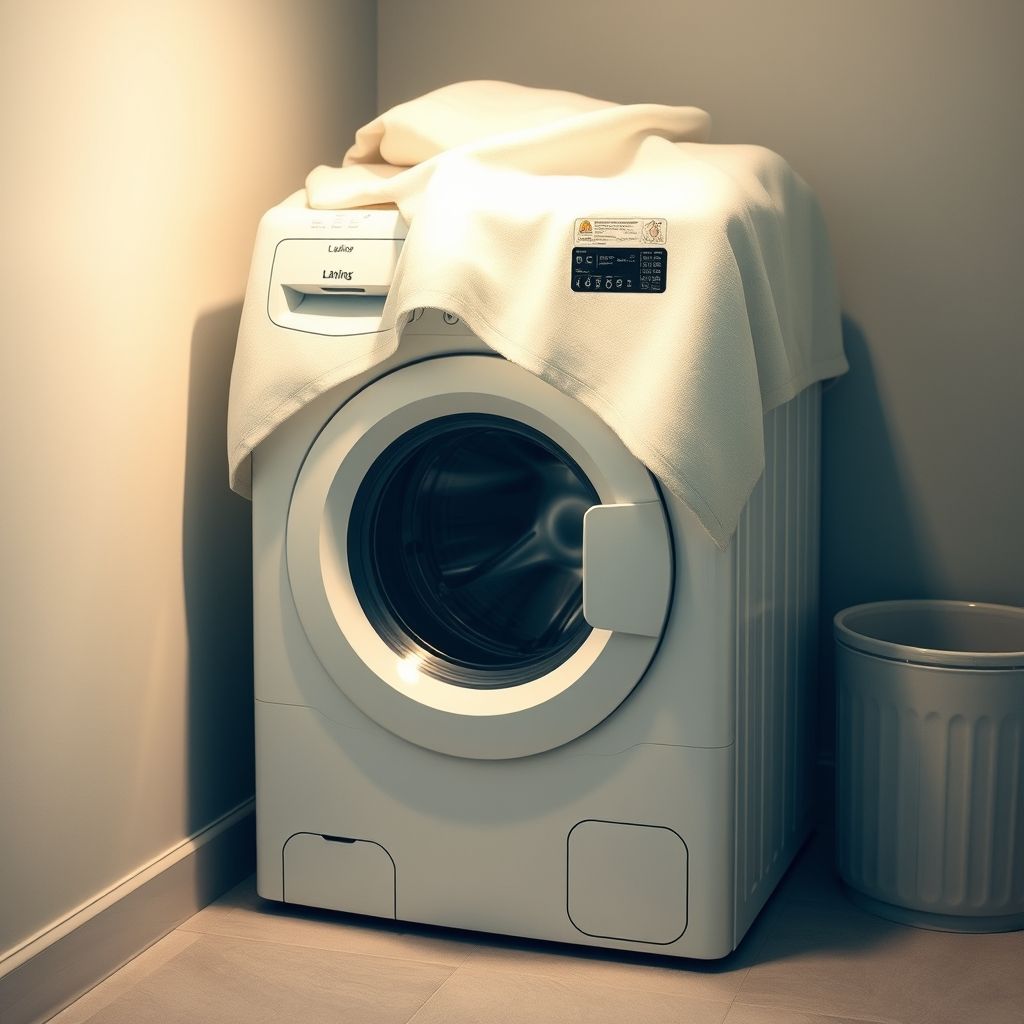 Une main retire délicatement une couverture douce ornée de franges d'une machine à laver moderne, dans une pièce lumineuse évoquant un intérieur soigné et chaleureux. La couverture crème contraste avec la porte sombre du lave-linge, soulignant un moment de soin domestique empreint de confort.