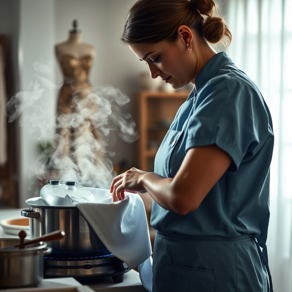 Une main saisit la poignée d'un fer à repasser traditionnel à vapeur, pressant avec assurance une chemise à carreaux bleu soigneusement étalée. Le tissu lisse brille sous la vapeur. En arrière-plan, un environnement de couture ou atelier, avec un éclairage doux mettant en valeur l'attention portée aux détails. La personne porte une tenue bleu clair, évoquant un cadre professionnel, soulignant la minutie et le soin apportés. L'ambiance est calme et concentrée, illustrant l'art du vêtement parfaitement repassé.